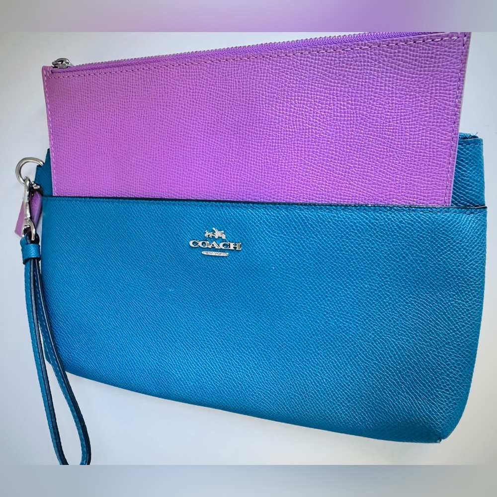 Coach Colorblock Leather Wristlet Wallet Blue Purple Zip Clutch Pouch - Picture 3 of 11